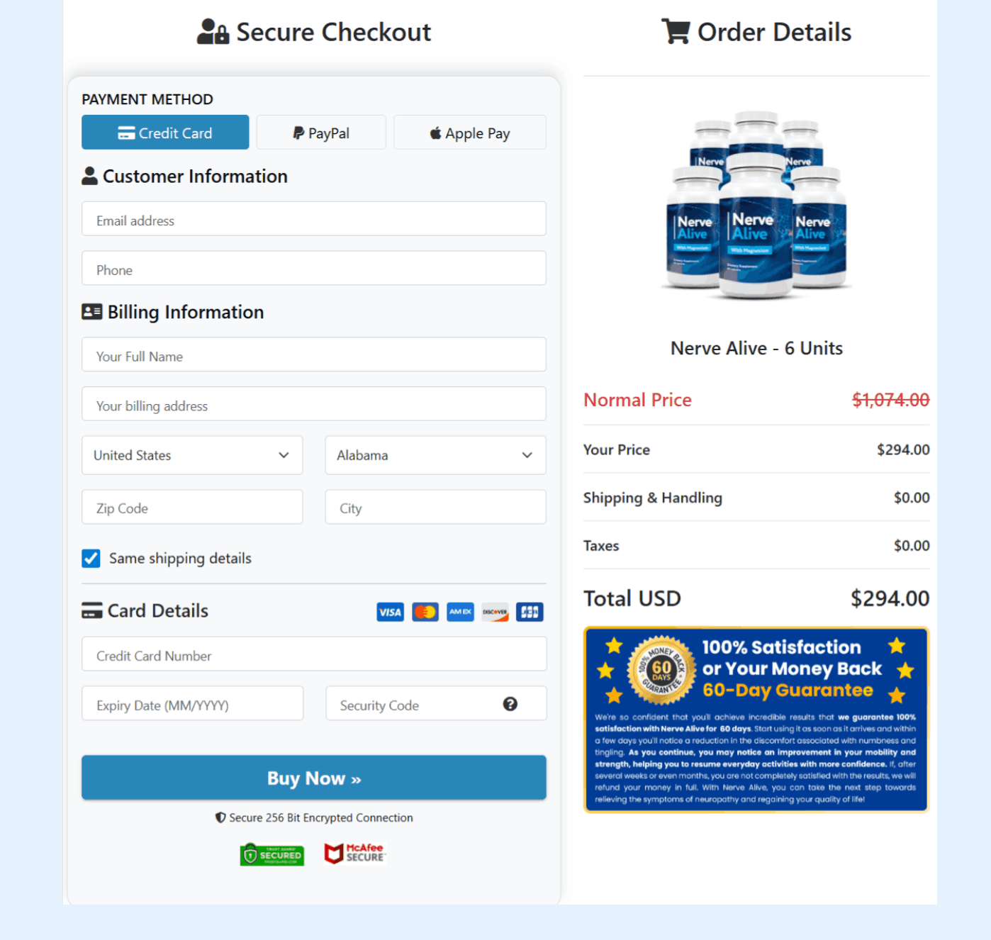 Nerve Alive Checkout page